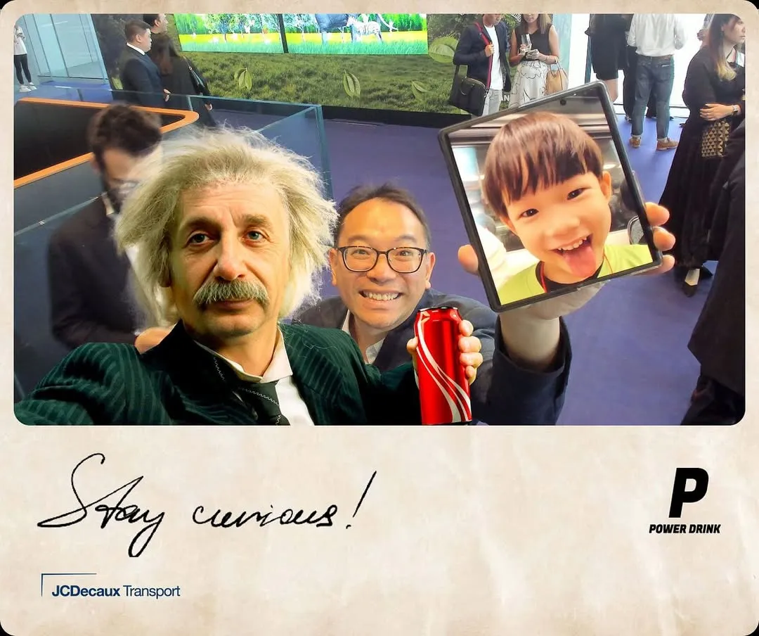 Printed selfie card with Einstein, signed Stay curious!