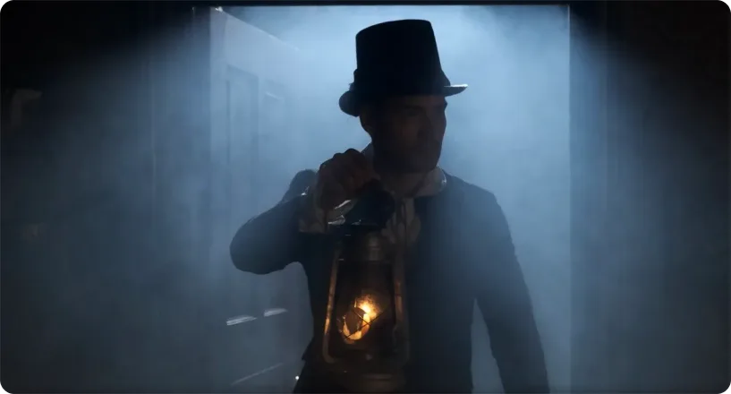 A player with a lantern in the dark