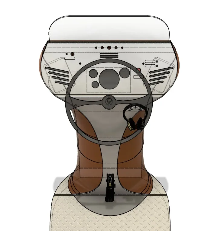 Front view — wheel, gauges and headphones placed