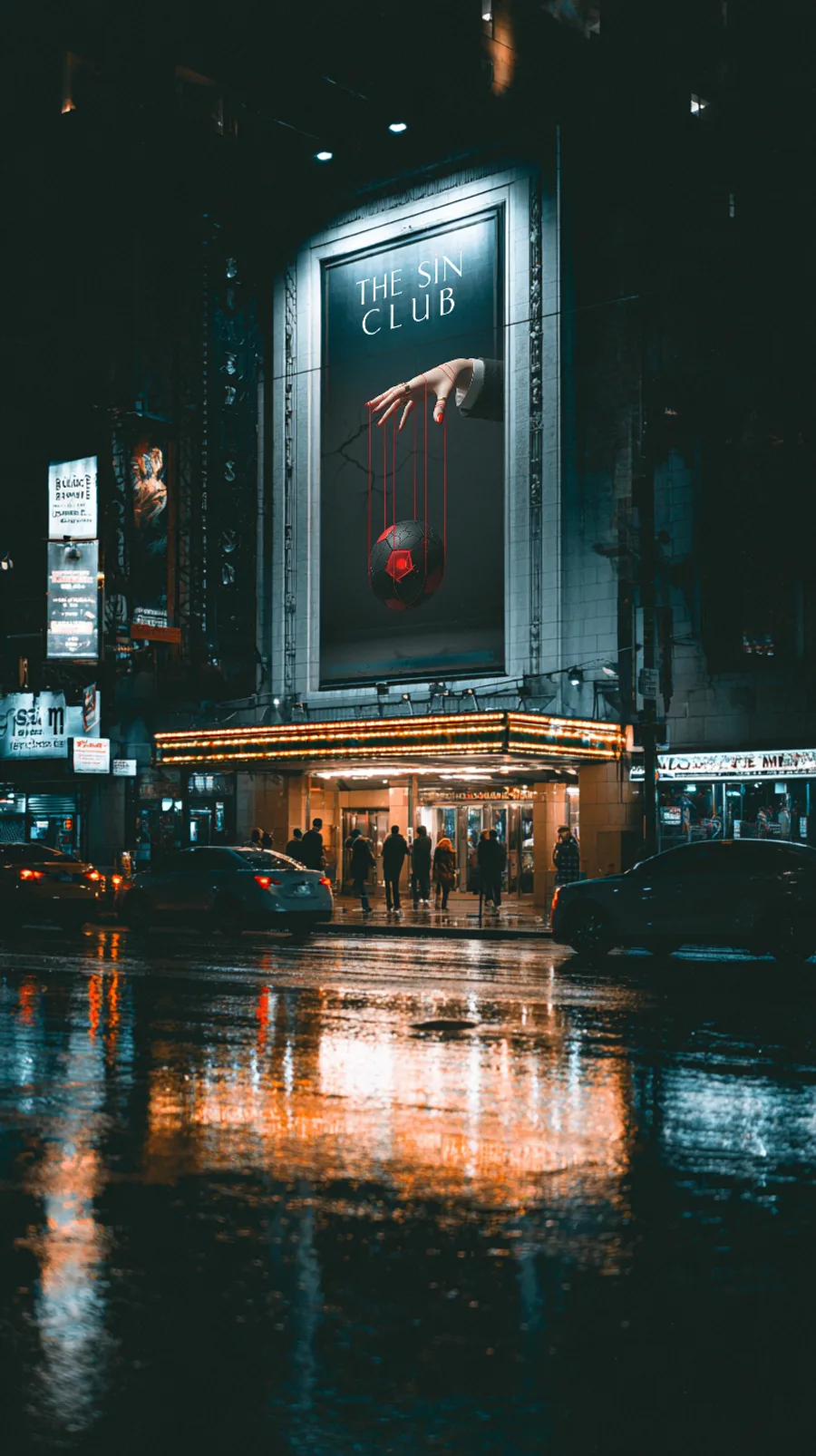The Sin Club billboard on a night street
